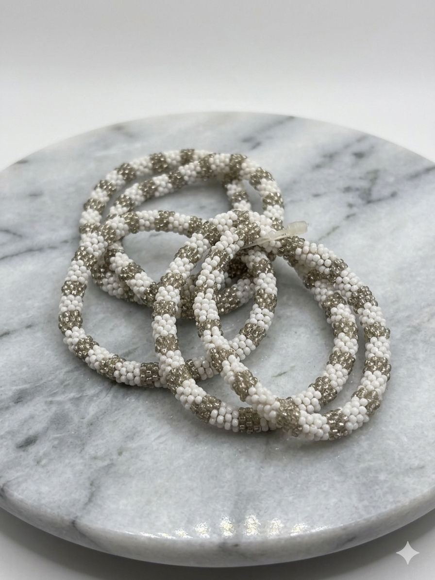 Handcrafted Nepalese 5-Piece Roll-On Seed Bead Bracelet Stack – White & Metallic