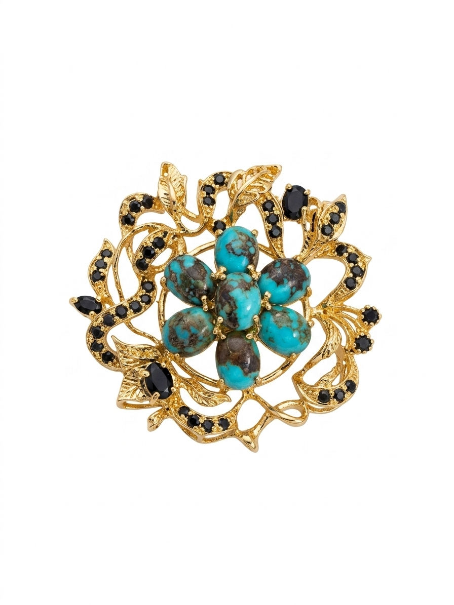 Victorian Revival 18K Gold Vermeil Turquoise & Sapphire Statement Brooch-Pendant