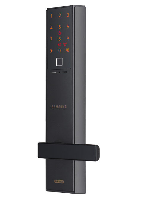 Thumbnail: A sleek black smart lock with a keypad and fingerprint scanner for security.