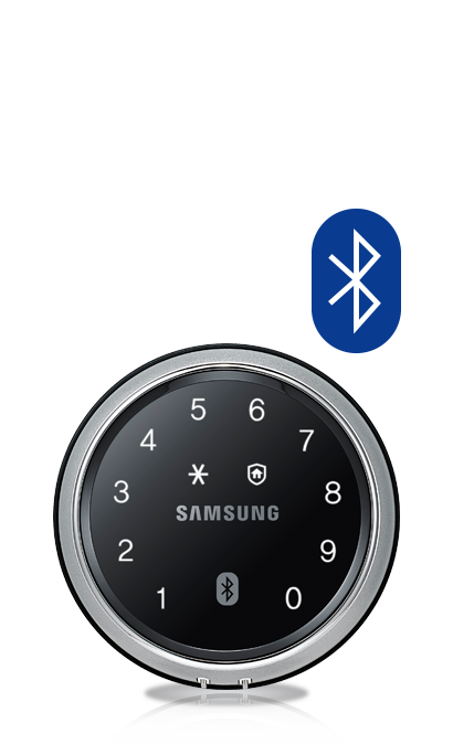 Samsung digital door lock with Bluetooth symbol and numbered keypad design.