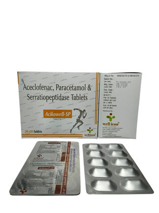 Acikowell-SP tablets box with Aceclofenac, Paracetamol, and Serratiopeptidase blister strips.