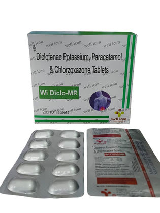 Wi Diclo-MR tablets pack with Diclofenac, Paracetamol, and Chlorzoxazone blister strips.