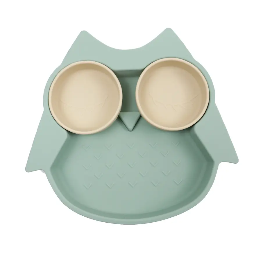 Assiette compartimentée en silicone hibou vert