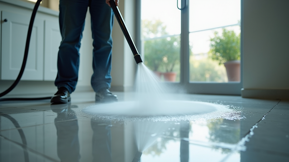 Eye-level view of a professional cleaner using a high-pressure spray on a tiled floor