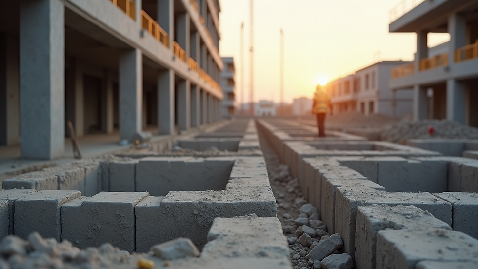 Eye-level view of construction site with building foundations