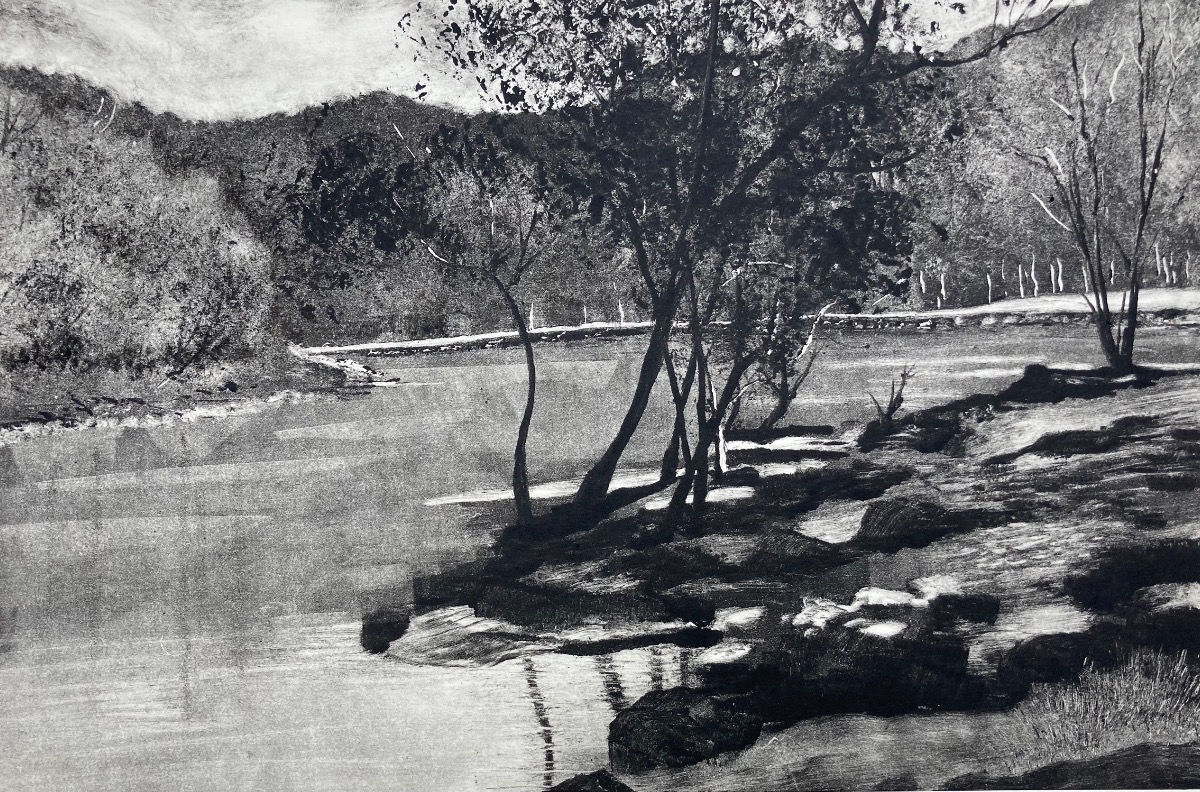 Monotype featuring tranquil riverside scene.