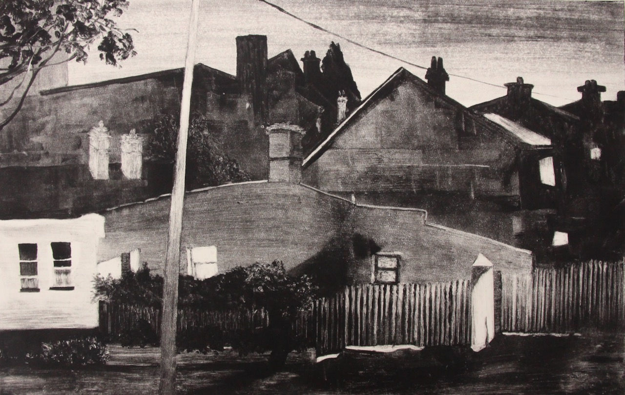 Monotype featuring moonlit buildings in North Sydney.