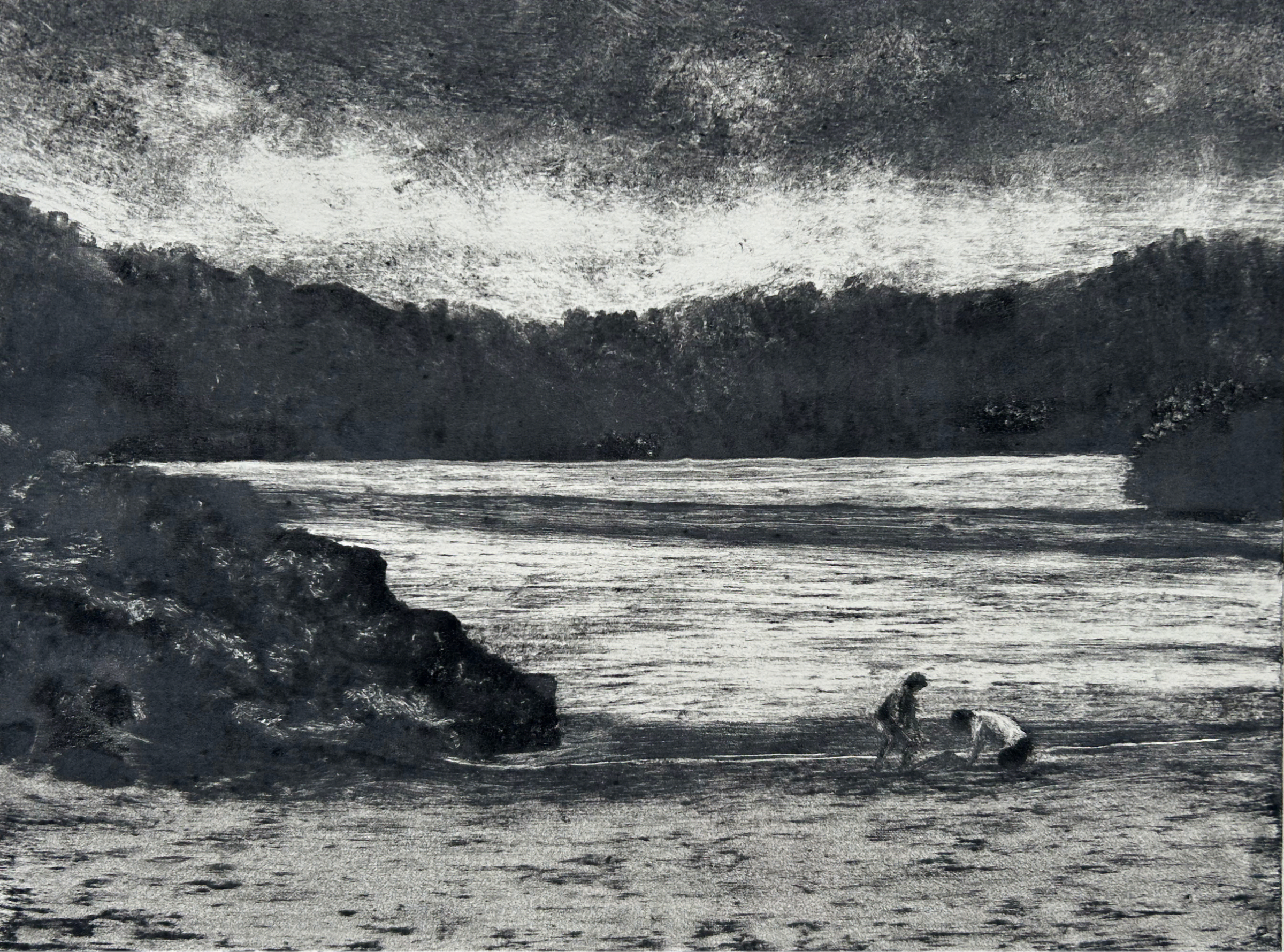 Black and white monotype featuring two children playing on the beach under ominous clouds.