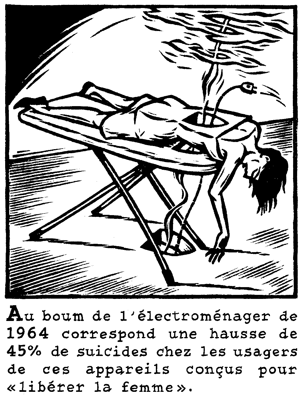 gravure, dessin, poucentage, statistique, electromenager, suicides, liberer la femme