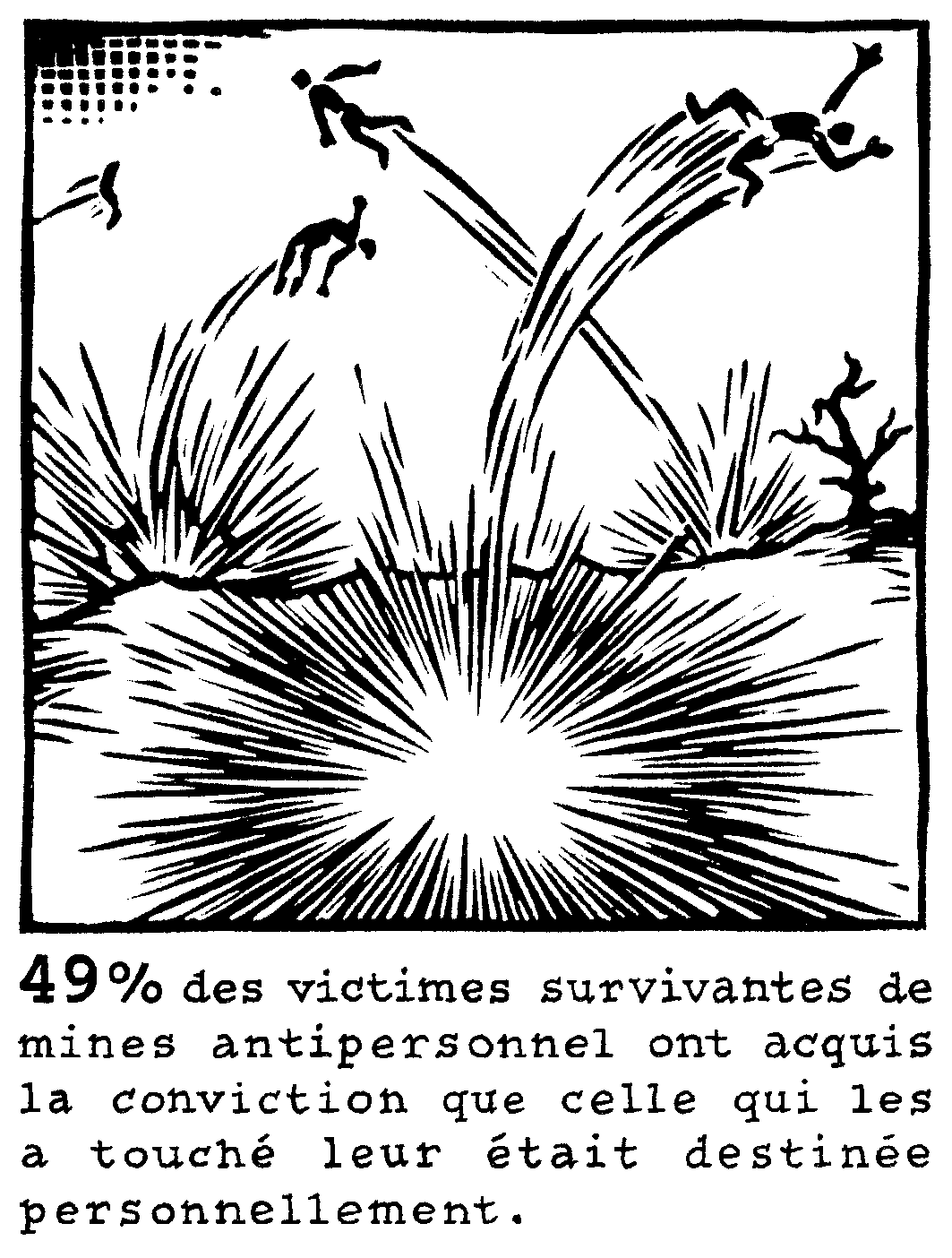 gravure, dessin, poucentage, statistique, mines antipersonnele, survivants