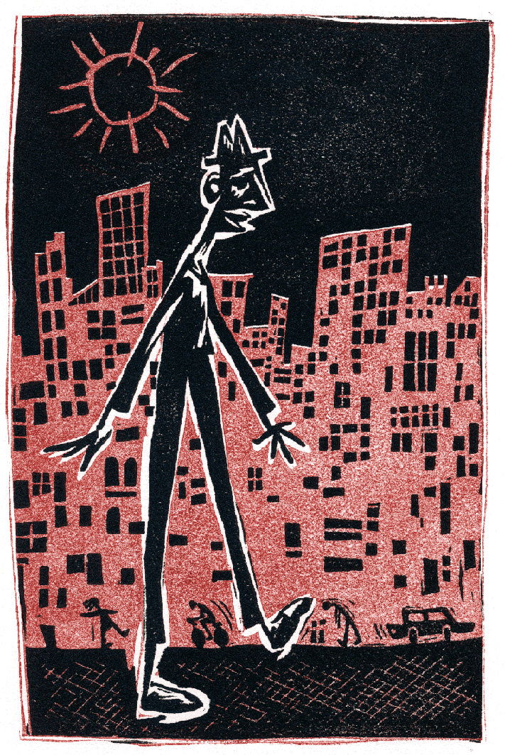 linogravure, piéton