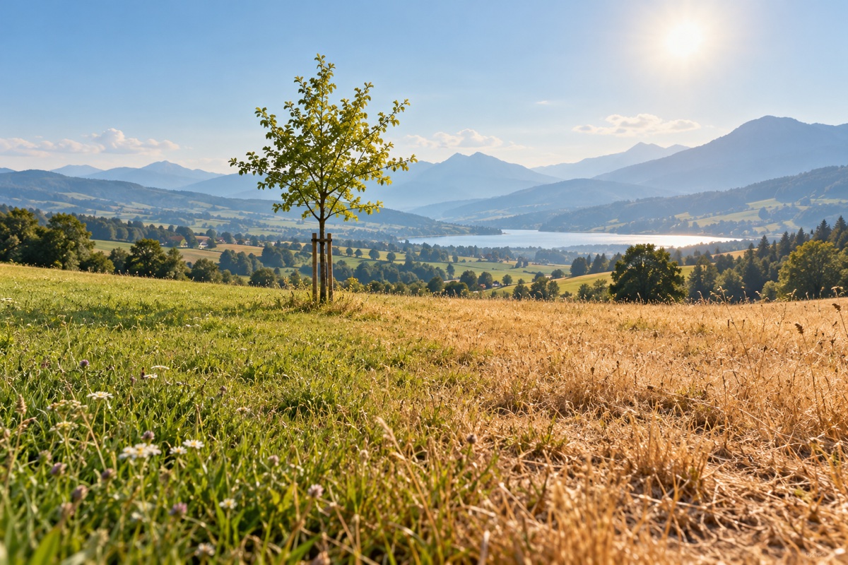 KI-Illustration: Eine Wiese mit grünen und vertrockneten Bereichen und einem jungen Baum liegt unter einem sonnigen, dunstigen Himmel.