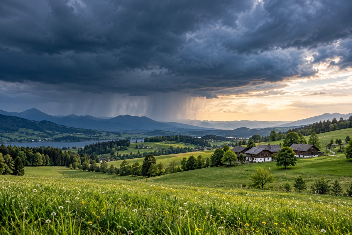 KI-Illustration: Dunkle Regenwolken ziehen über grüne Wiesen, Bauernhäuser und einen See in einer hügeligen Landschaft.