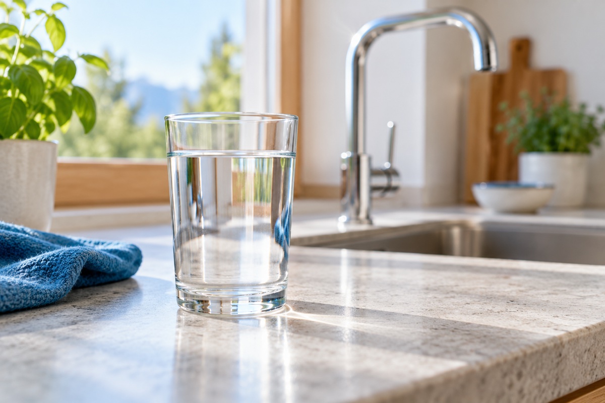 KI-Illustration: Ein mit klarem Wasser gefülltes Glas steht auf einer hellen Küchenarbeitsplatte vor einem Wasserhahn.