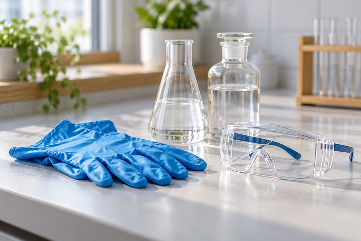 KI-Illustration: Blaue Schutzhandschuhe und eine Schutzbrille liegen neben Glasgefäßen auf einem hellen Labortisch.