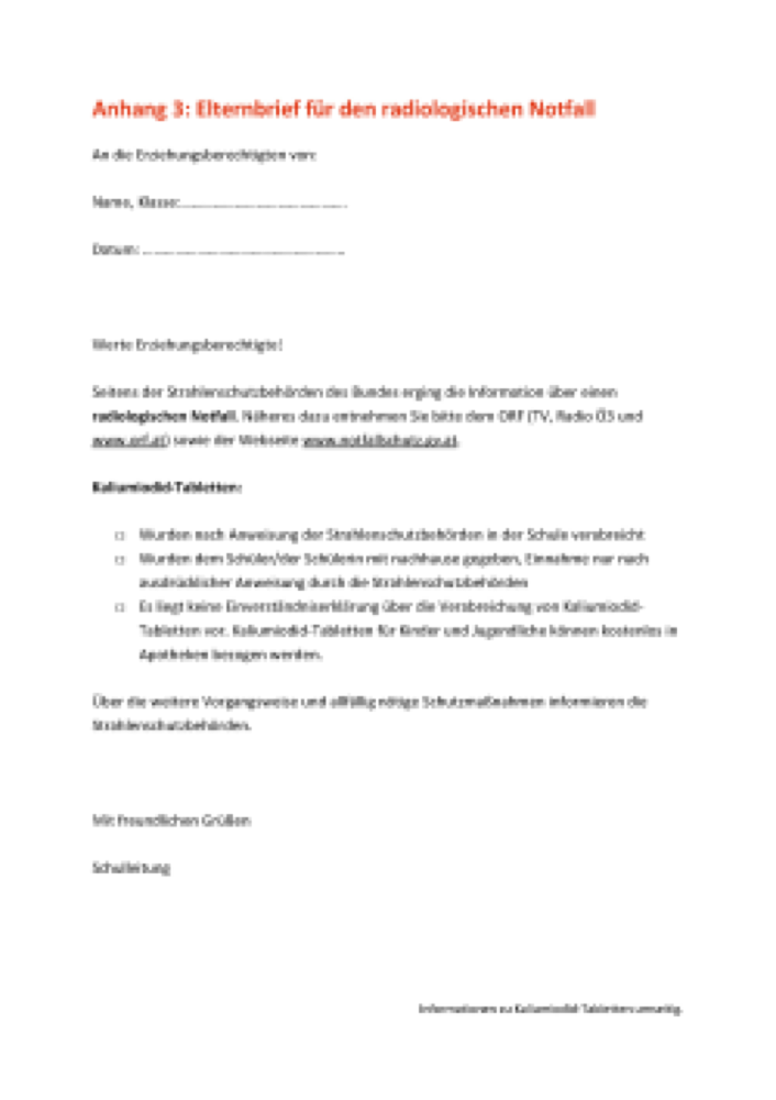Vorschau: Elternbrief für den radiologischen Notfall