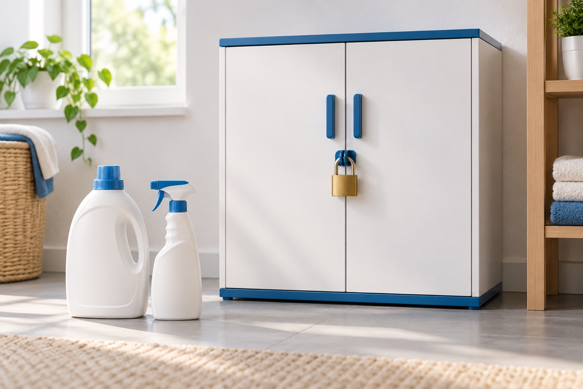 KI-Symbolbild: Verschlossener Haushaltschemikalienschrank mit Schloss sowie Reinigungsmittel in typischen Waschmittel- und Sprühflaschen.