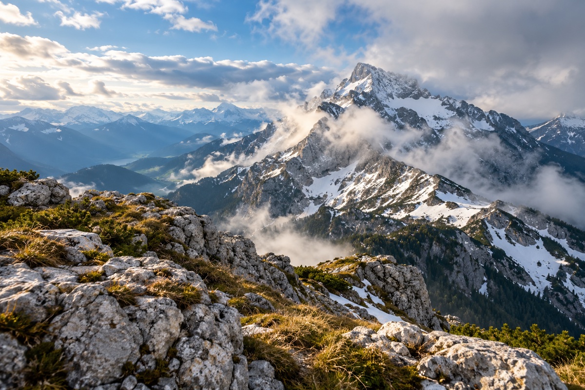 KI-Illustration: Felsige, teils schneebedeckte Berggipfel werden von Wolken und Nebel umgeben.