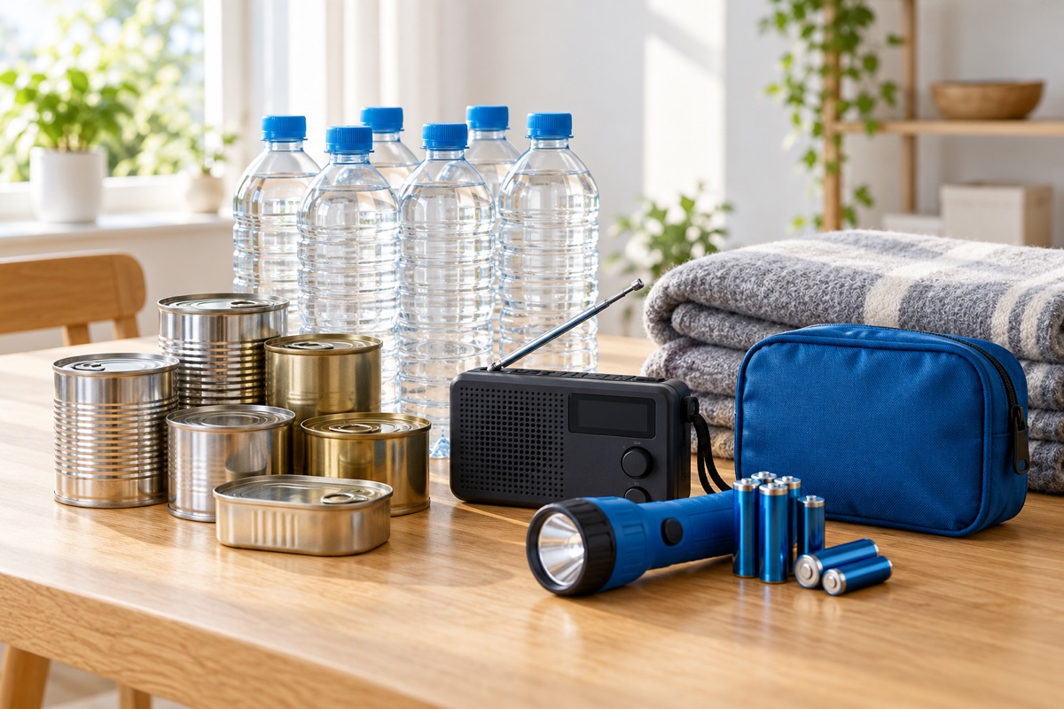 KI-Illustration: Wasserflaschen, Konservendosen, Radio, Taschenlampe, Batterien, Erste-Hilfe-Tasche und Decken liegen als Haushaltsvorrat auf einem Tisch.