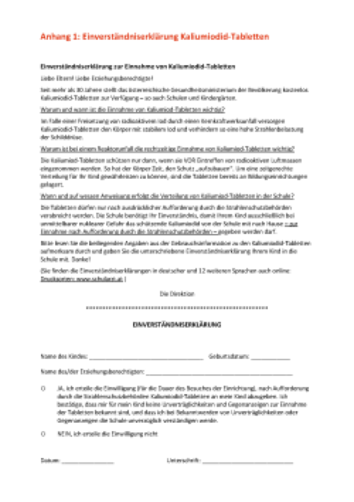 Vorschau: Einverständniserklärung zur Einnahme von Kaliumiodidtabletten