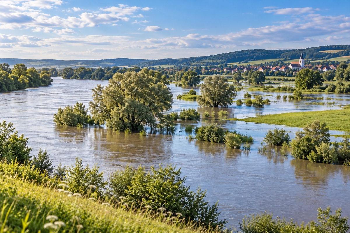 KI-Illustration: Ein breiter Fluss überflutet Wiesen und Bäume vor einem Dorf in einer hügeligen Landschaft.