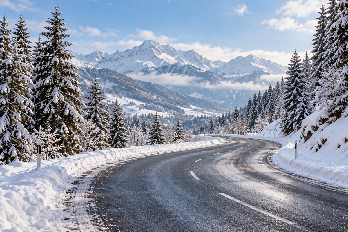 KI-Illustration: Eine leere, geräumte Straße führt zwischen schneebedeckten Tannen durch eine winterliche Berglandschaft.