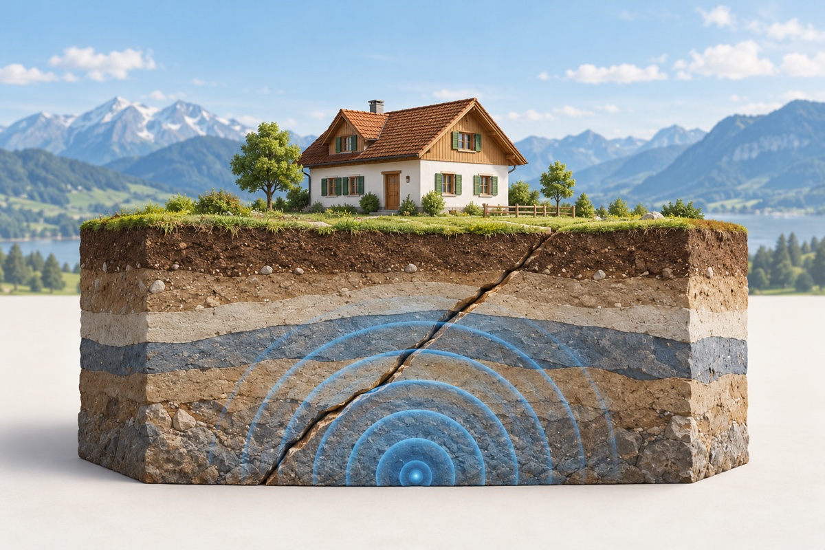 KI-Illustration: Ein Haus steht auf einem symbolischen Erdblock mit sichtbaren Schichten, einer Verwerfung und blauen Wellenbögen.