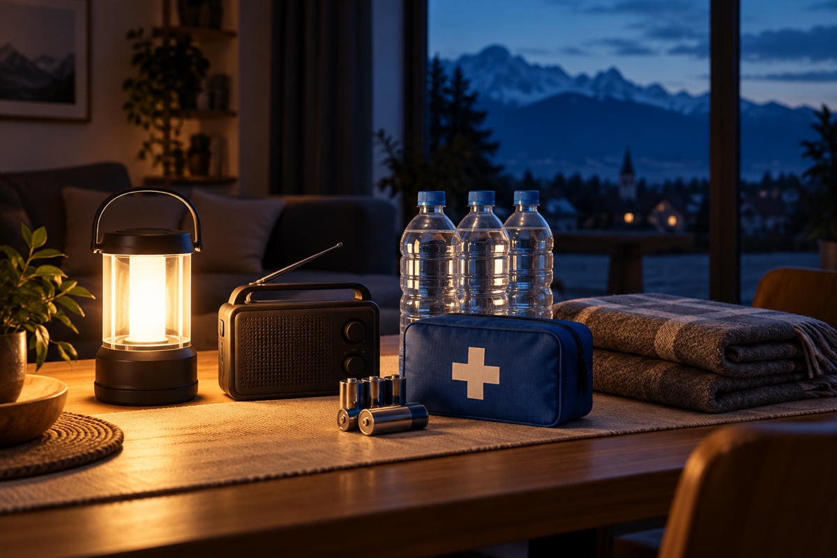 KI-Symbolbild: Batterieradio, LED-Leuchte, Wasser und Decken zur Vorsorge bei einem Stromausfall.
