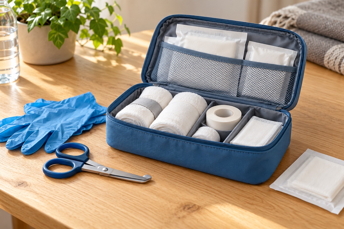 KI-Illustration: Eine offene blaue Erste-Hilfe-Tasche enthält Verbandsmaterial; daneben liegen Handschuhe und eine Schere.