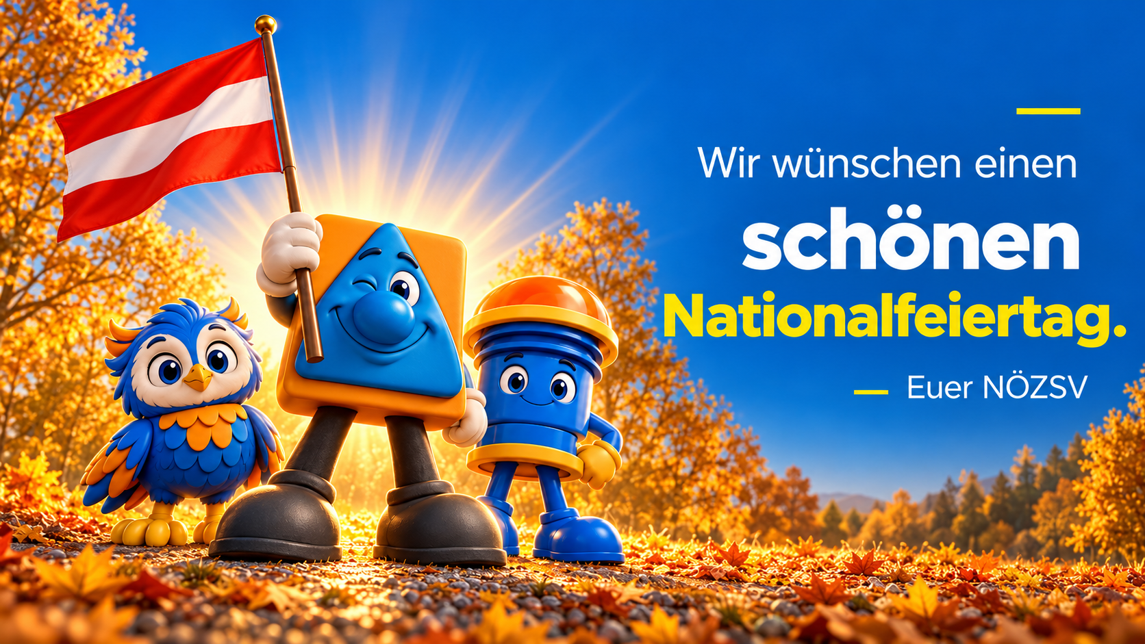 Safety mit Österreichfahne, Eule und Sirene als freundliche Helden im goldenen Herbst. Wir wünschen einen schönen Nationalfeiertag. — Euer NÖZSV