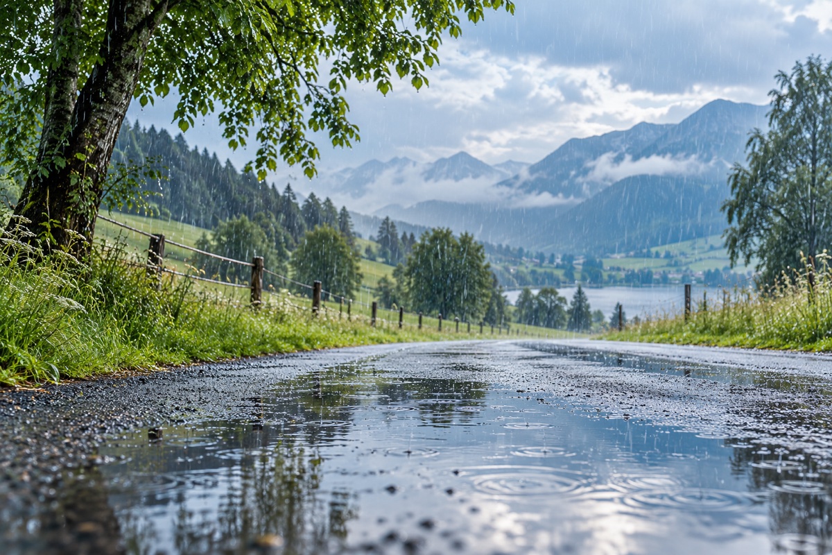 KI-Illustration: Starker Regen fällt auf einen ländlichen Weg mit Pfützen, Wiesen und Bergen im Hintergrund.