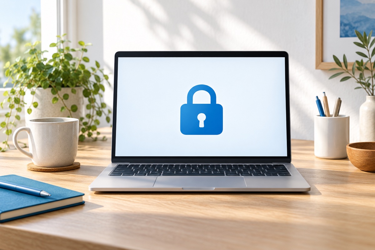 KI-Illustration: Ein Laptop auf einem Holztisch zeigt ein blaues Vorhängeschloss als Symbol für digitale Sicherheit.