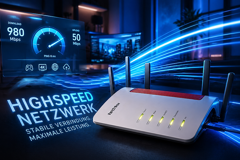 FritzBox! 7590 wird gezeigt in einer Glasfaser Highspeed umgebung