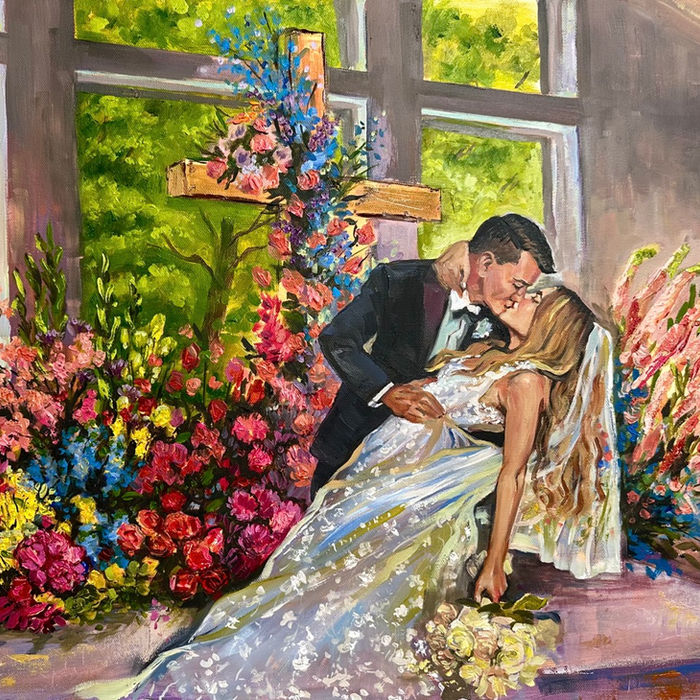 A Live Wedding Painting of a couple kissing with a dip, against a gorgeous colorful backdrop of flowers, painted in expressive realism with Oil Paint on 18 by 24 inch gallery wrapped canvas. 