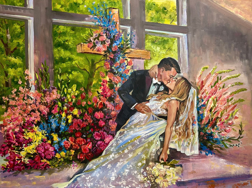 A Live Wedding Painting of a couple kissing with a dip, against a gorgeous colorful backdrop of flowers, painted in expressive realism with Oil Paint on 18 by 24 inch gallery wrapped canvas. 
