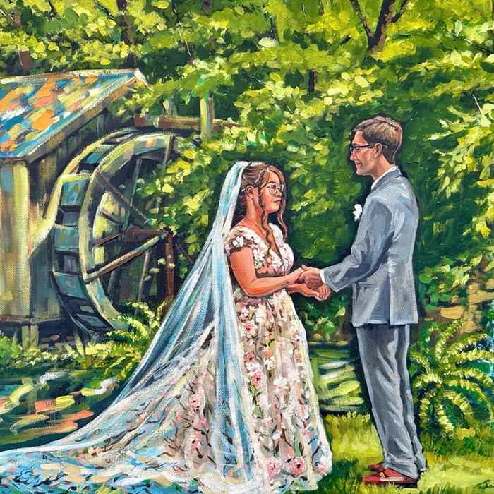 A Live Wedding Painting of a happy couple holding hands at their wedding ceremony, against a beautiful natural backdrop with a spring and and old mill, painted in expressive realism with Acrylic Paint on 18 by 24 inch gallery wrapped canvas. 