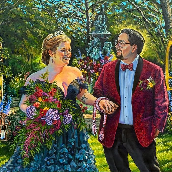 Live Wedding Painting, Heirloom Wedding Portrait Painting. Happy couple after getting married. heirloom wedding painting,
