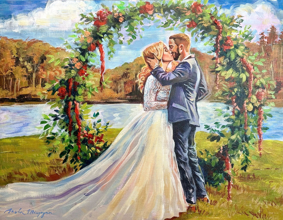 A Live Wedding Painting of a couple kissing at their wedding ceremony, against a gorgeous colorful backdrop of a large flower wreath, painted in expressive realism with Acrylic Paint on 18 by 24 inch gallery wrapped canvas. 