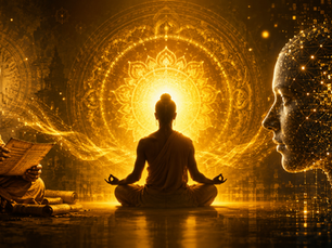 A thoughtful individual meditating while surrounded by glowing digital screens symbolizing the contrast between ancient Upanishadic wisdom and modern digital identity.