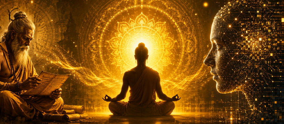 A thoughtful individual meditating while surrounded by glowing digital screens symbolizing the contrast between ancient Upanishadic wisdom and modern digital identity.