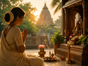 traditional Indian family performing morning rituals, lighting a lamp, offering prayers, and practicing mindfulness as part of their daily spiritual routine.