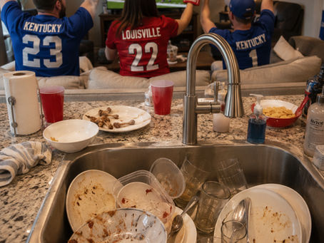 Friends in Kentucky and Louisville jerseys celebrating a game on TV with a pile of dirty dishes in the sink