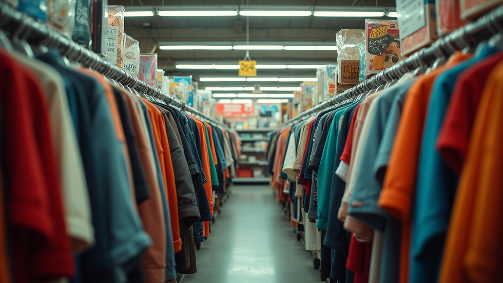 Eye-level view of a thrift store interior with racks of colorful clothing