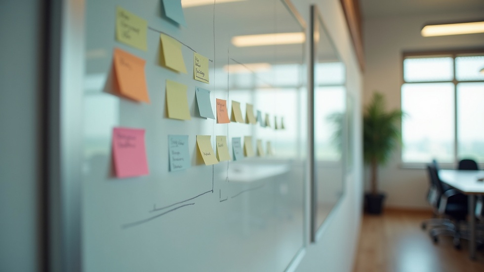 Eye-level view of a modern office meeting room with a whiteboard filled with sticky notes
