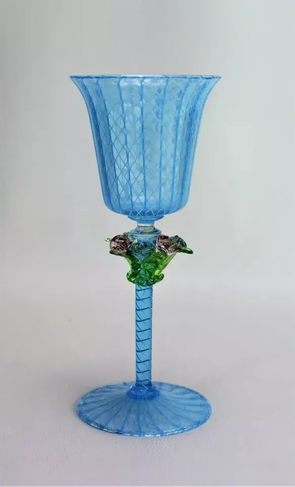 Thumbnail: Salviati Venetian Wine Goblet Latticinio Flowers Vintage Murano Glass
