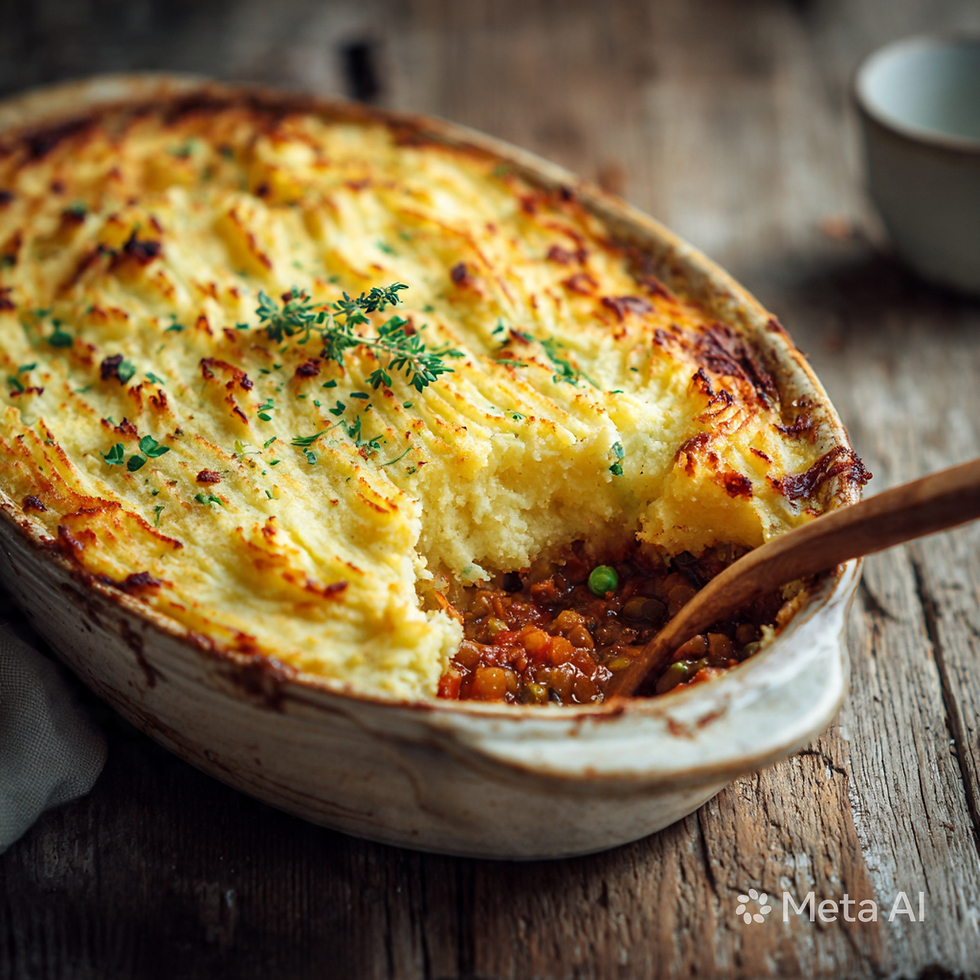 Pastel de papas vegano en fuente de cerámica rectangular. Se ve la capa superior de puré de papas dorado y gratinado, con una porción servida que deja ver el relleno de guiso de lentejas y tomate abajo. El plato está sobre una mesa de madera con luz natural de cocina. Sale vapor, dando aspecto de recién horneado.
