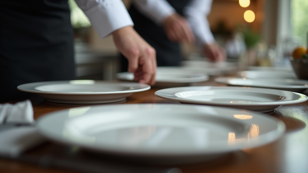 Close-up view of a catering staff setting up plates on a table