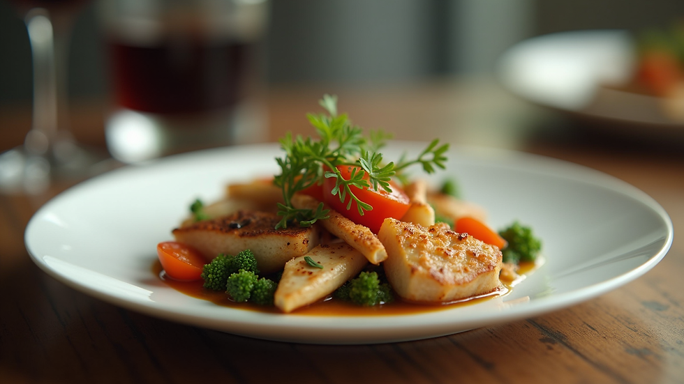 Close-up view of a gourmet corporate lunch plate with fresh vegetables