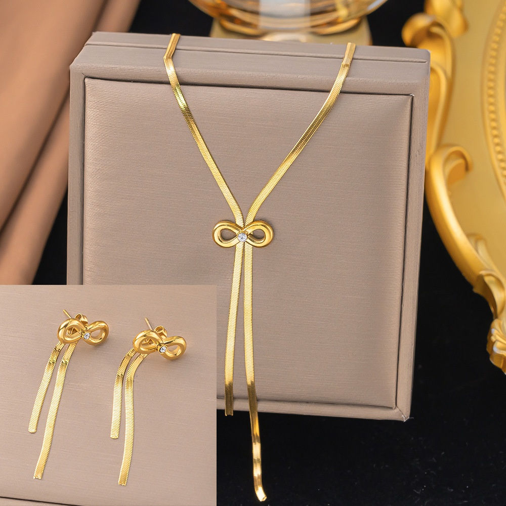 Stainless Steel Bowknot Tassel Necklace Earrings Jewelry Set For Women Gold Colo