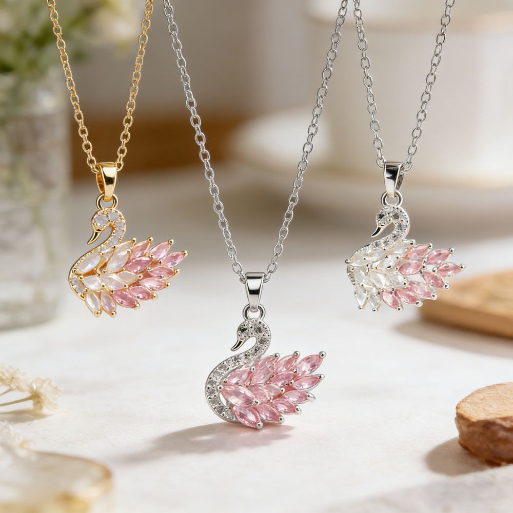 Chic Gold Silver Plated Swan Pendant Necklace With Pink Clear CZ Dainty Elegant